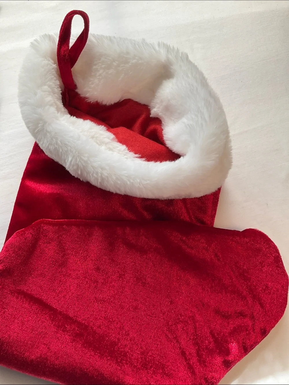Red Velveteen Christmas Stocking with White Faux Fur Cuff - Monogram T